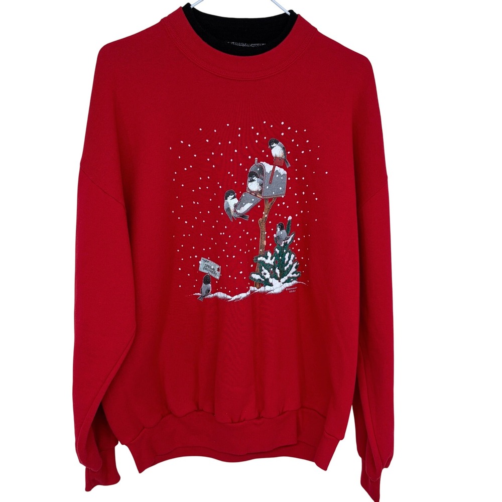 Vintage 90s Morning Sun‎ Double Neck Christmas Sweatshirt Red XL Birds Nature